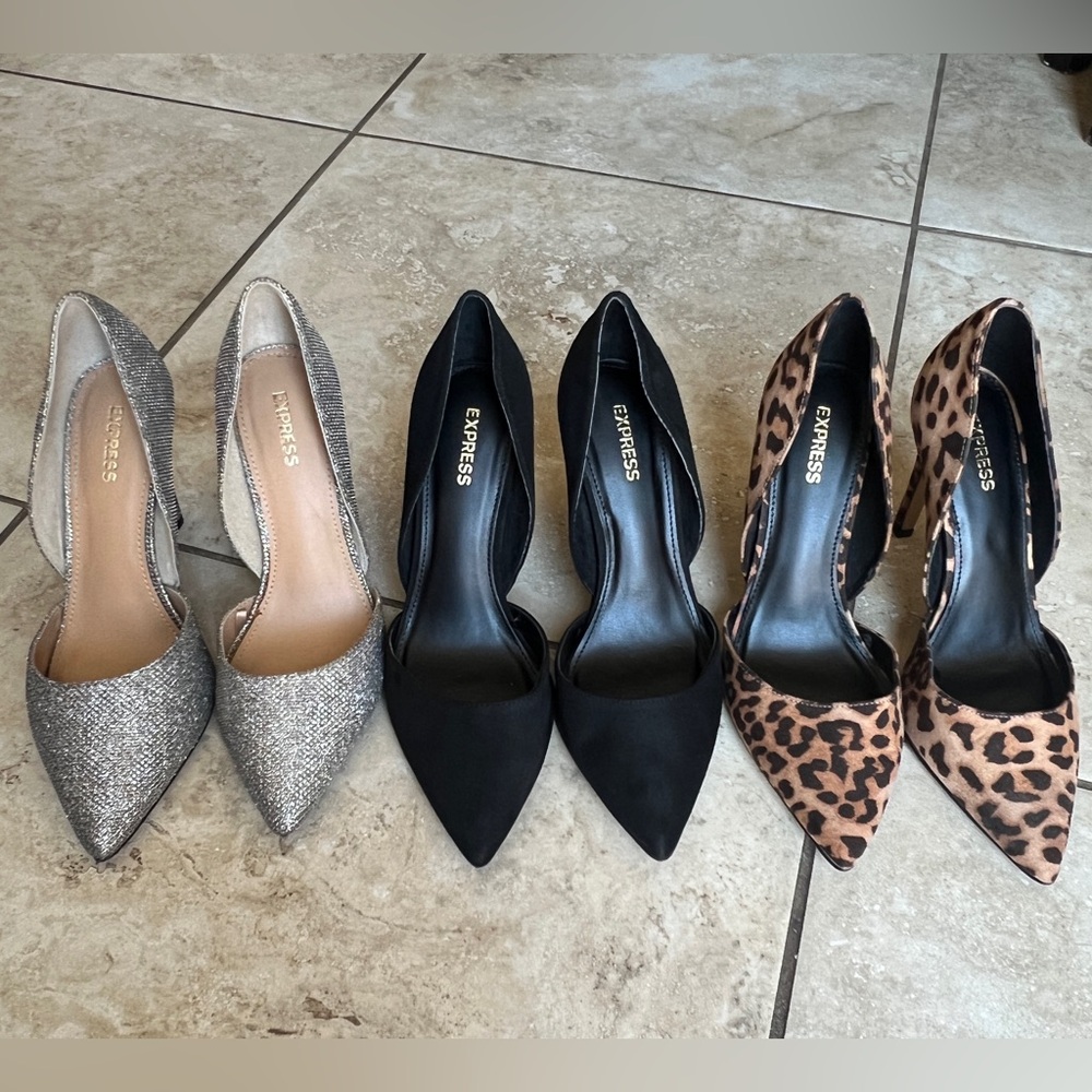 Express Women's Heels - Glitter Silver, Classic Black, Leopard Print (BUNDLE)